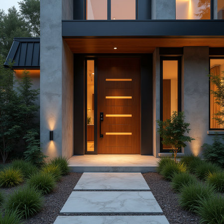 Entrance of modern house with dark wooden door. 3D renderingの素材