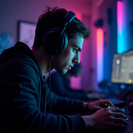 Portrait of a young man playing computer games with headphones in the darkの素材
