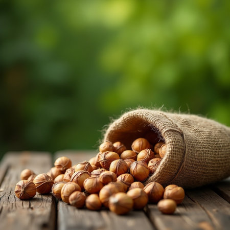 Hazelnuts in a burlap bag on a wooden table. Selective focus.の素材