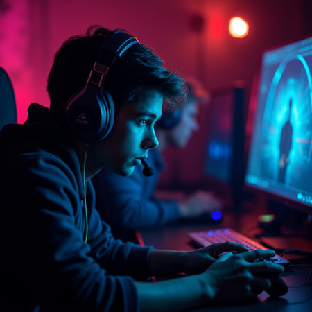 young asian man playing computer games in dark room with neon lightの素材