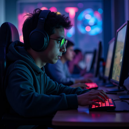 Young asian man playing computer games in the dark room at nightの素材