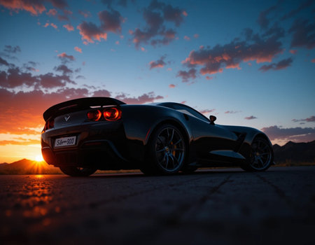 Side view of a modern black sport car on the road in the sunset.の素材