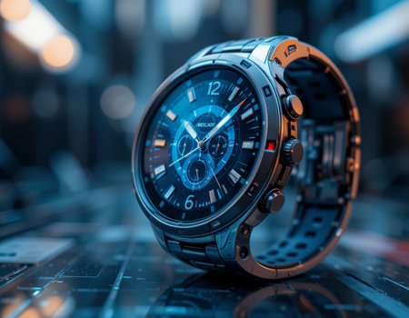 Wrist watch on a table in a server room. 3d renderingの素材