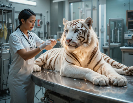 Veterinarian examining white tiger at animal clinic. Animal health care concept.の素材