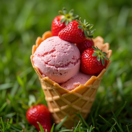 Strawberry ice cream in waffle cone on green grass backgroundの素材