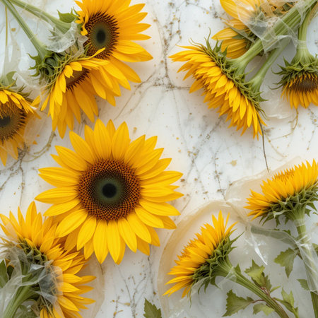 Beautiful sunflowers on white marble background. Flat lay, top viewの素材