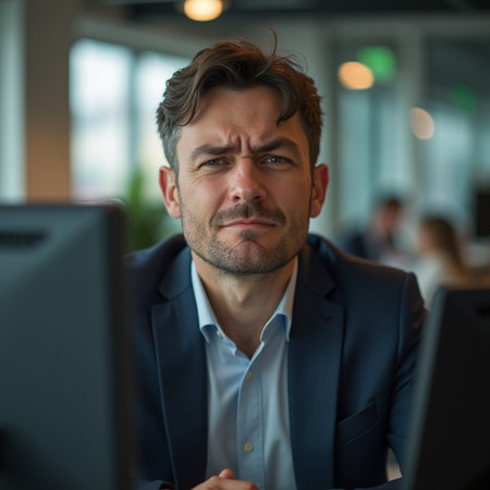 Portrait of stressed businessman working on computer at office desk in front of colleaguesの素材