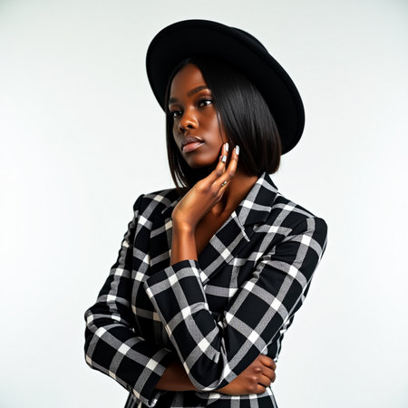 Beautiful african american woman in black hat and checkered jacket.の素材