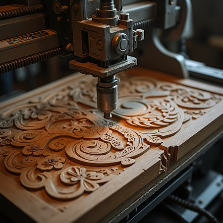 CNC milling machine cutting wooden plank close up. Metalworking industryの素材