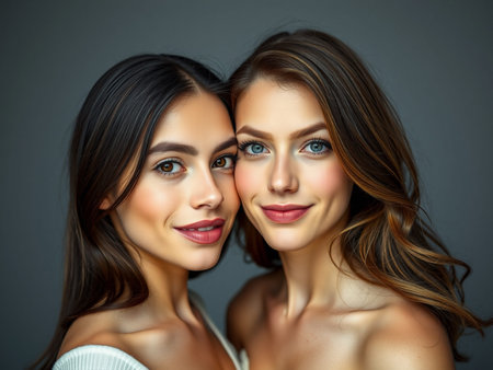 Closeup portrait of two young women in love. Beauty, fashion.の素材