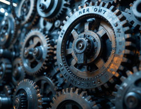 Close-up of gear wheels in a factory. Industrial background.の素材