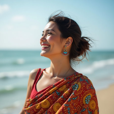 Portrait of a beautiful Asian woman smiling on the beach.の素材