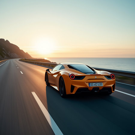 Orange sport car on the road at sunset. 3d rendering.の素材
