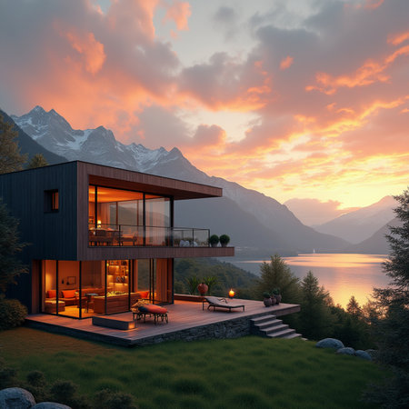 3d rendering of modern cozy chalet with pool and parking for sale or rent. Beautiful mountain landscape with lake and sky at sunset.の素材