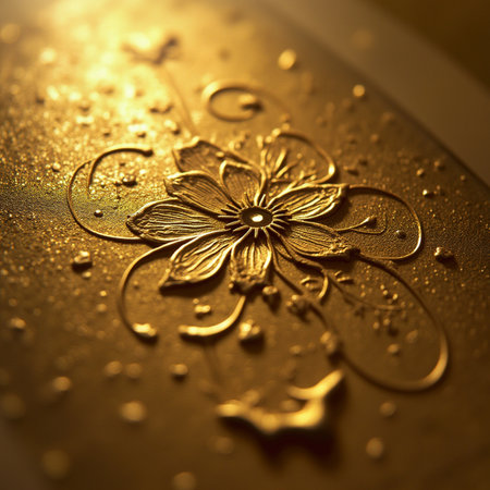 golden background with water drops and floral pattern, close-upの素材