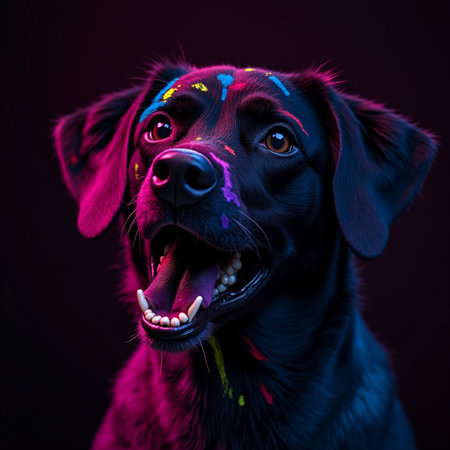Portrait of a black Labrador Retriever on a black backgroundの素材