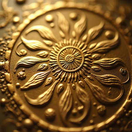 Close-up of a gold plate. Shallow depth of field.の素材