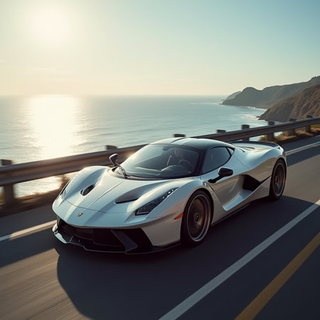 3D rendering of a brand-less generic concept car on the roadの素材