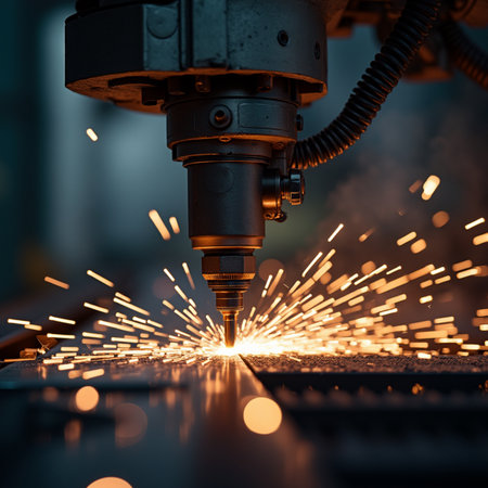 Industrial laser cutting metal with sparks. Metalworking modern technology concept.の素材