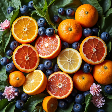 Variety of citrus fruits including lemons, lines, grapefruits and blueberries.の素材