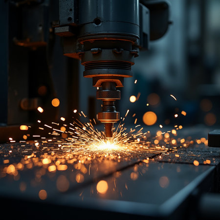 Industrial laser cutting metal with sparks flying in the air. industrial backgroundの素材