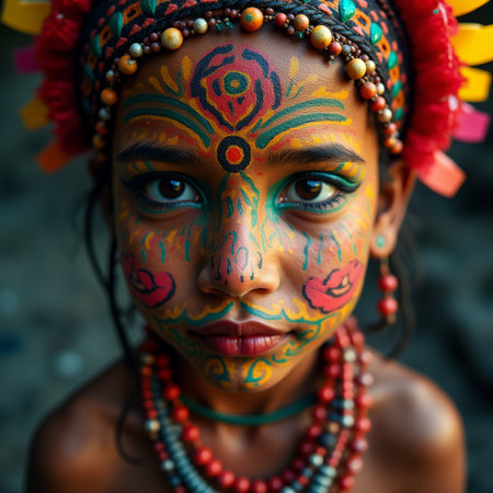 Portrait of a beautiful girl with painted face in the Indian style.の素材