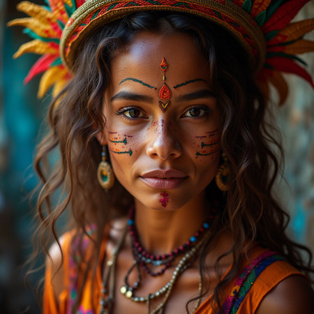 Portrait of a beautiful African American woman with painted face and headdressの素材