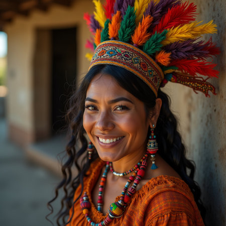 Portrait of a beautiful young woman wearing Indian headdress.の素材