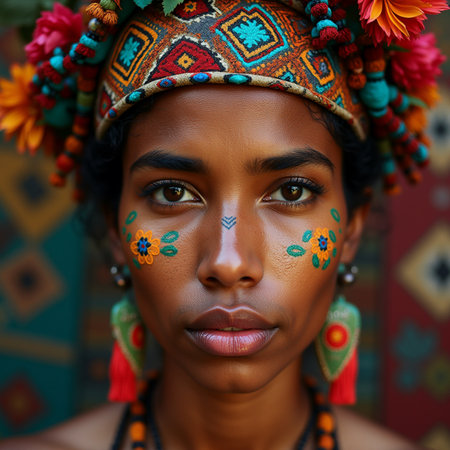 Portrait of a young beautiful African woman wearing a colorful headdressの素材