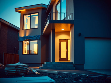 Apartment building under construction at night. New house being built.の素材