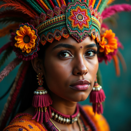 Portrait of a beautiful African American woman wearing a colorful headdressの素材