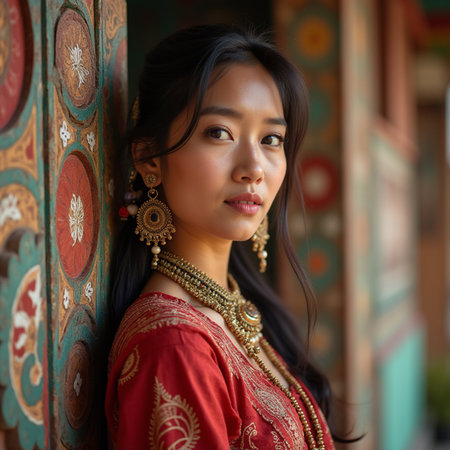 Portrait of a beautiful young Asian woman in traditional Indian costumeの素材
