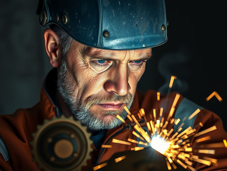 Close-up portrait of a gray-haired welder in a protective helmet welding metal.の素材