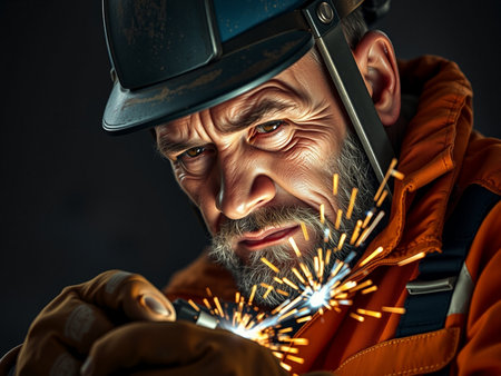 Close-up portrait of an old welder on dark background.の素材