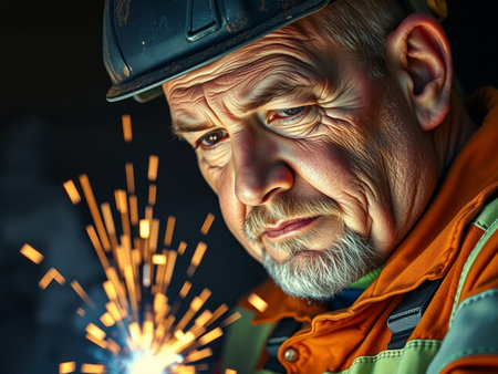 Portrait of a senior welder at work. Metal industry.の素材