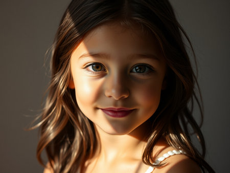 Portrait of a beautiful little girl with long brown hair, studio shotの素材