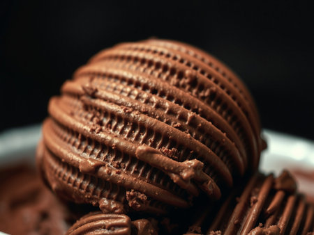 Chocolate ice cream on a white plate. Selective focus.の素材