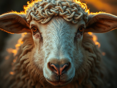 Sheep in the sunset light. Close-up sheep portrait.の素材