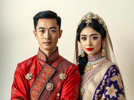 Portrait of a beautiful Asian bride and groom in traditional costumeの素材