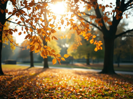 Beautiful autumn landscape with sunbeams in the city park.の素材