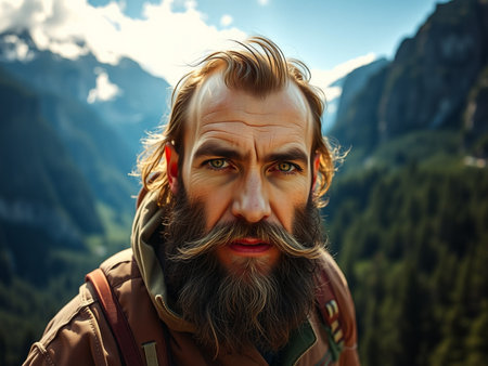 Handsome man with long beard and mustache on the background of mountains.の素材