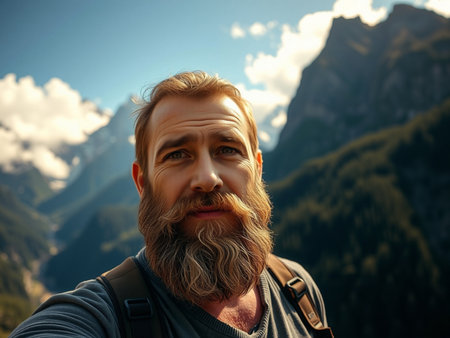 Portrait of a man with a beard on the background of mountainsの素材