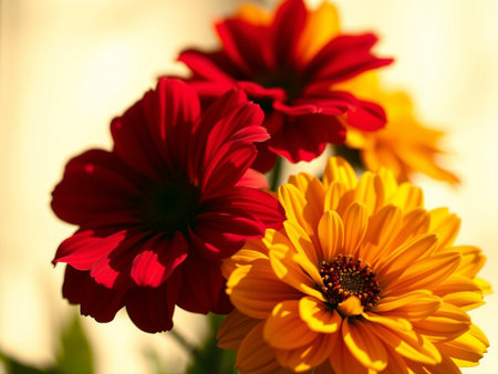 Colorful gerbera flowers in a vase on a sunny dayの素材