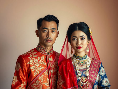 Portrait of Asian young man and woman in traditional costume.の素材