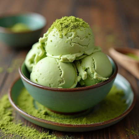 Matcha green tea ice cream in bowl on wooden table, closeupの素材