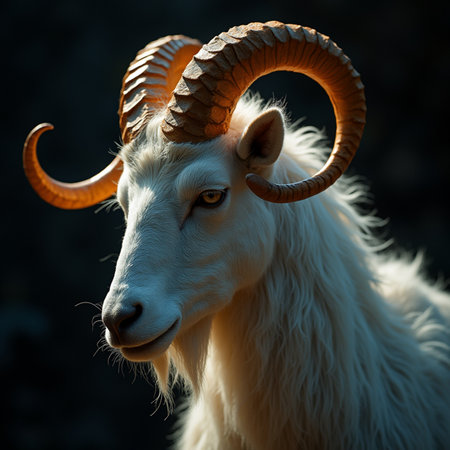 Portrait of a goat with big horns on a dark background.の素材
