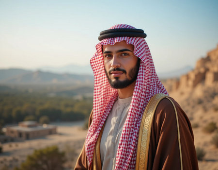 Handsome Arabian man in traditional clothes on the background of mountainsの素材
