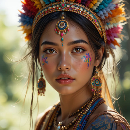 Portrait of a beautiful young woman with bright make up and Indian costumeの素材