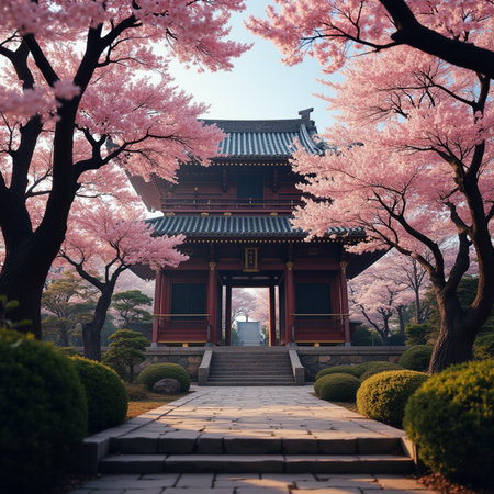 Beautiful cherry blossom in the garden with Chinese temple.の素材