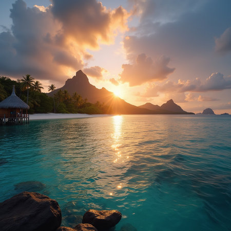 Beautiful sunset at the tropical island. Seychelles.の素材